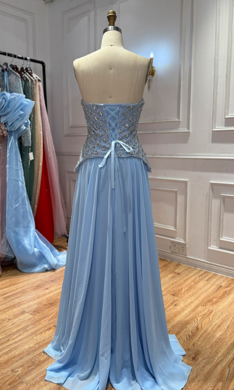 Chic Sheath Chiffon Long Evening Dress Pale Blue Prom Dress ED11898