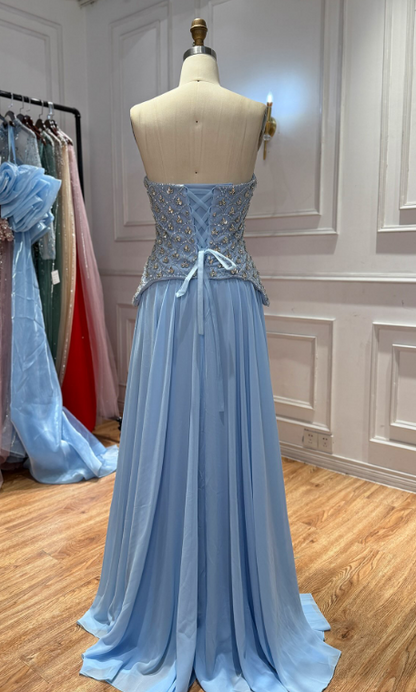Chic Sheath Chiffon Long Evening Dress Pale Blue Prom Dress ED11898