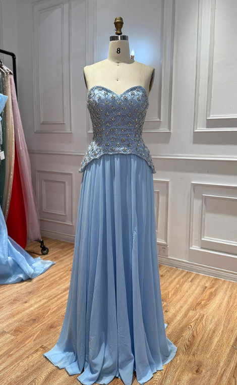 Chic Sheath Chiffon Long Evening Dress Pale Blue Prom Dress ED11898