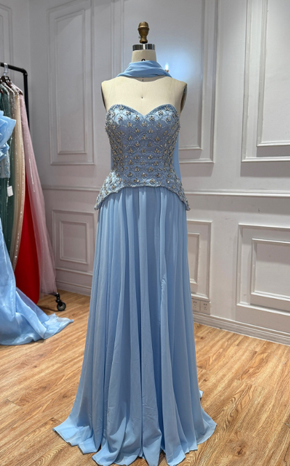 Chic Sheath Chiffon Long Evening Dress Pale Blue Prom Dress ED11898