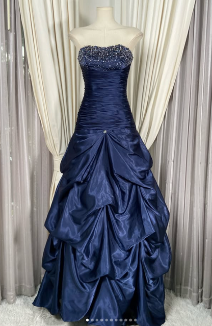 Chic A-Line Satin Long Evening Dress NavyBlue Prom Dress ED11899
