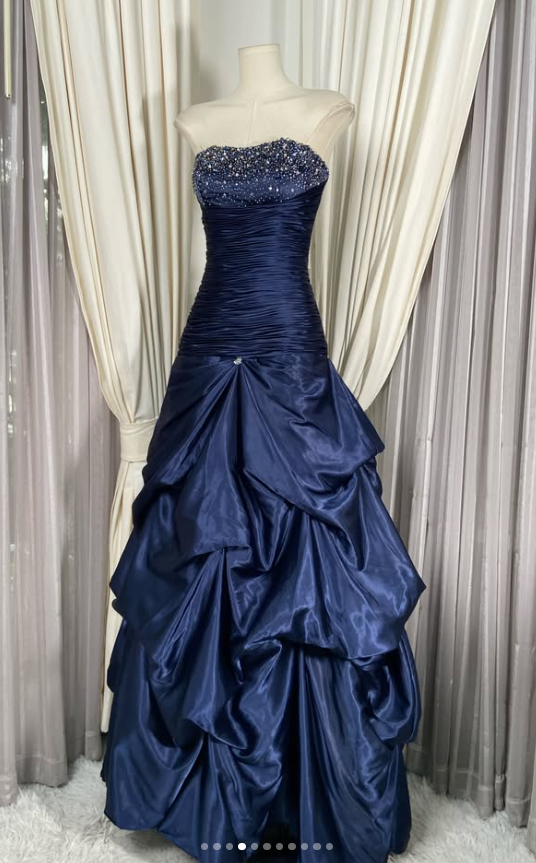 Chic A-Line Satin Long Evening Dress NavyBlue Prom Dress ED11899