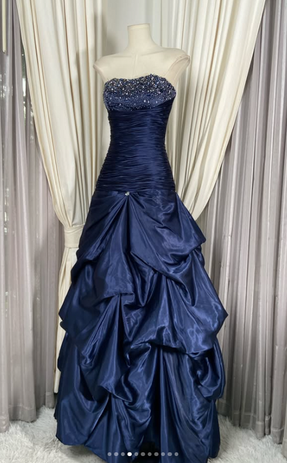 Chic A-Line Satin Long Evening Dress NavyBlue Prom Dress ED11899