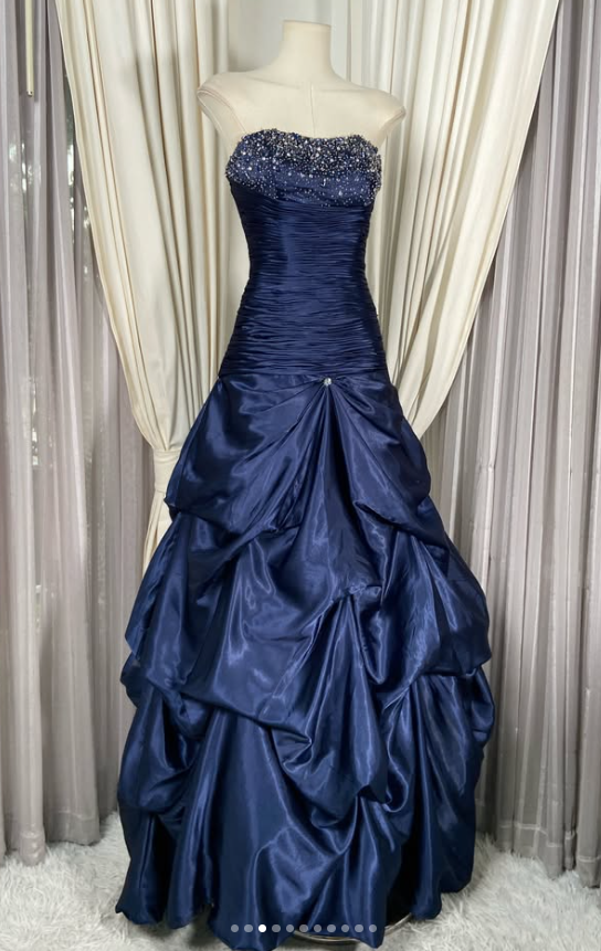 Chic A-Line Satin Long Evening Dress NavyBlue Prom Dress ED11899