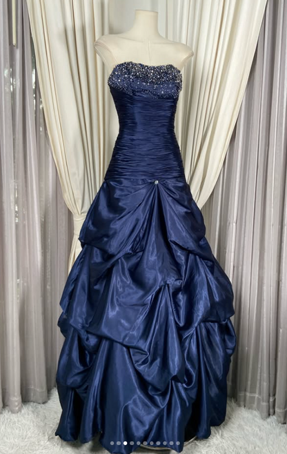 Chic A-Line Satin Long Evening Dress NavyBlue Prom Dress ED11899