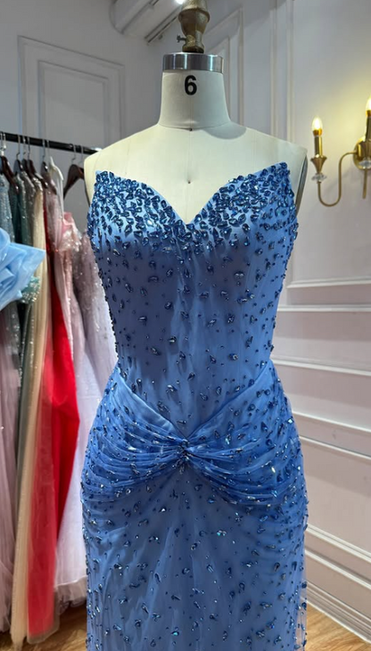Gorgeous Sheath Chiffon Beaded Long Evening Dress Blue Prom Dress ED11901
