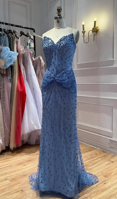 Gorgeous Sheath Chiffon Beaded Long Evening Dress Blue Prom Dress ED11901