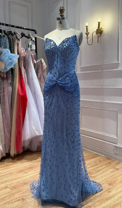 Gorgeous Sheath Chiffon Beaded Long Evening Dress Blue Prom Dress ED11901