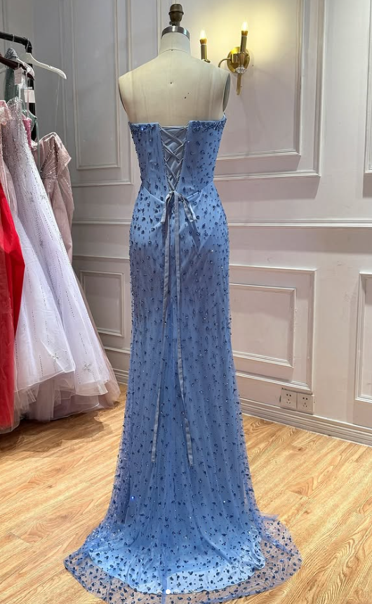 Gorgeous Sheath Chiffon Beaded Long Evening Dress Blue Prom Dress ED11901