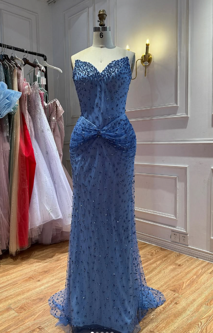 Gorgeous Sheath Chiffon Beaded Long Evening Dress Blue Prom Dress ED11901