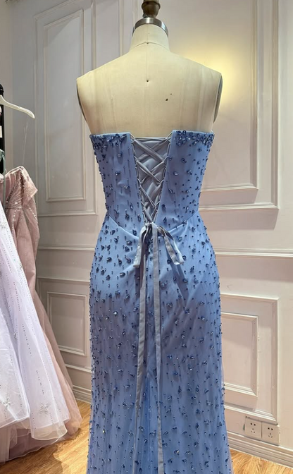 Gorgeous Sheath Chiffon Beaded Long Evening Dress Blue Prom Dress ED11901