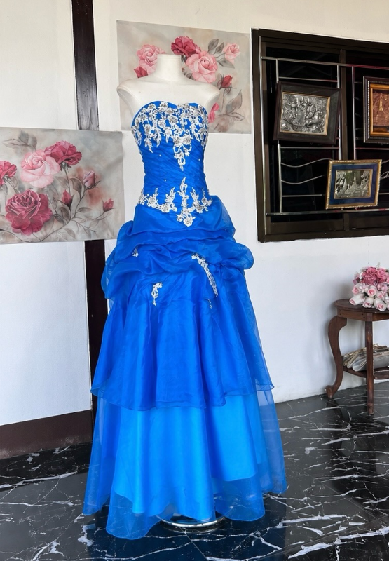 Gorgeous A-Line Tulle Appliques Long Evening Dress Blue Prom Dress ED11902