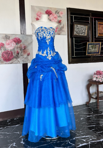 Gorgeous A-Line Tulle Appliques Long Evening Dress Blue Prom Dress ED11902