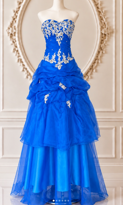 Gorgeous A-Line Tulle Appliques Long Evening Dress Blue Prom Dress ED11902