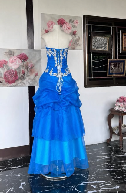 Gorgeous A-Line Tulle Appliques Long Evening Dress Blue Prom Dress ED11902