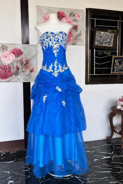 Gorgeous A-Line Tulle Appliques Long Evening Dress Blue Prom Dress ED11902