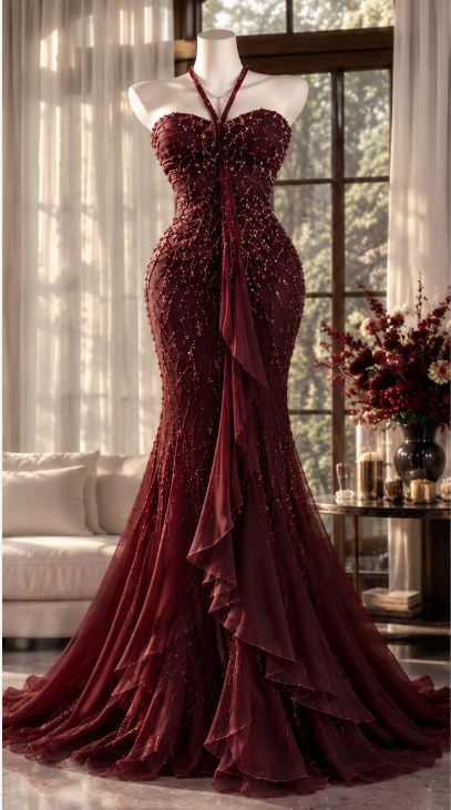 Gorgeous Sheath Beaded Chiffon Long Evening Dress Burgundy Prom Dress ED11904