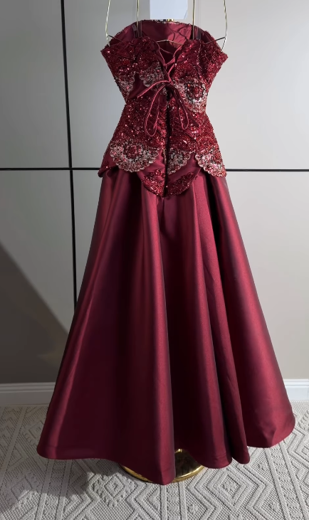 Gorgeous Strapless A-Line Satin Long Evening Dress Burgundy Prom Dress ED11906
