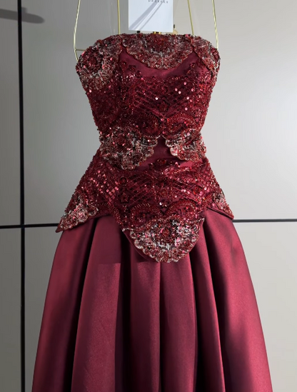 Gorgeous Strapless A-Line Satin Long Evening Dress Burgundy Prom Dress ED11906