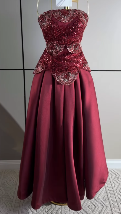 Gorgeous Strapless A-Line Satin Long Evening Dress Burgundy Prom Dress ED11906