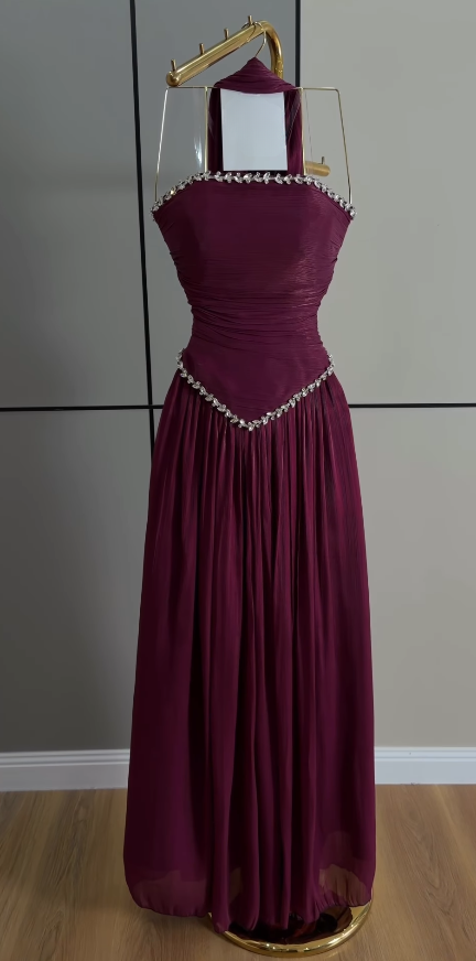 Gorgeous Strapless A-Line Chiffon Long Evening Dress Burgundy Prom Dress ED11907