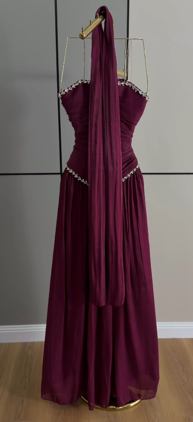 Gorgeous Strapless A-Line Chiffon Long Evening Dress Burgundy Prom Dress ED11907