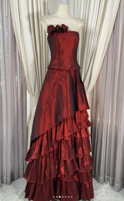 Gorgeous Strapless A-Line Satin Long Evening Dress Red Prom Dress ED11908