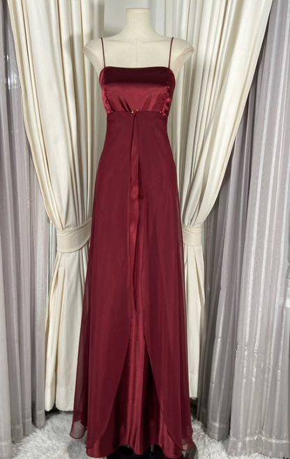 Gorgeous Straps Sheath Chiffon Long Evening Dress Burgundy Prom Dress ED11909