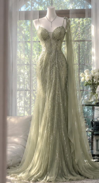 Gorgeous Sheath Chiffon Beaded Long Evening Dress Green Prom Dress ED11911
