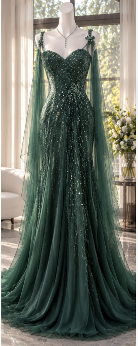 Vintage Sheath Chiffon Beaded Long Evening Dress Dark Green Prom Dress ED11912