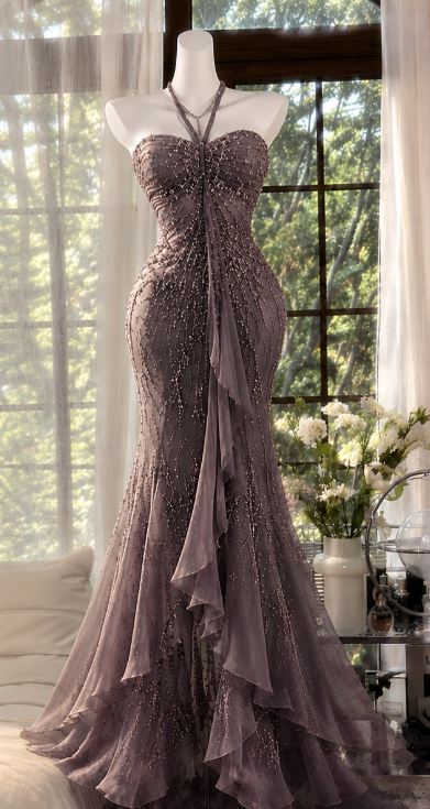 Vintage Sheath Chiffon Beaded Long Evening Dress Dusty Olive Green Prom Dress ED11913