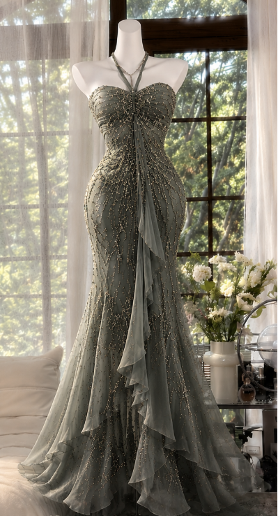 Vintage Sheath Chiffon Beaded Long Evening Dress Dusty Olive Green Prom Dress ED11913