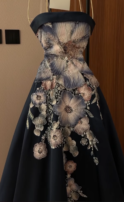 Gorgeoue A-Line Satin Beaded Long Evening Dress Navy Blue Prom Dress ED11919