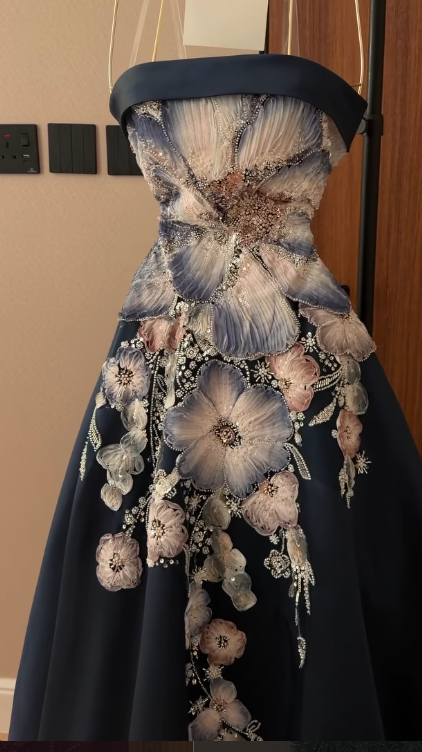 Gorgeoue A-Line Satin Beaded Long Evening Dress Navy Blue Prom Dress ED11919