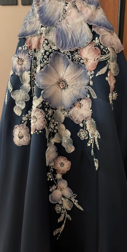 Gorgeoue A-Line Satin Beaded Long Evening Dress Navy Blue Prom Dress ED11919