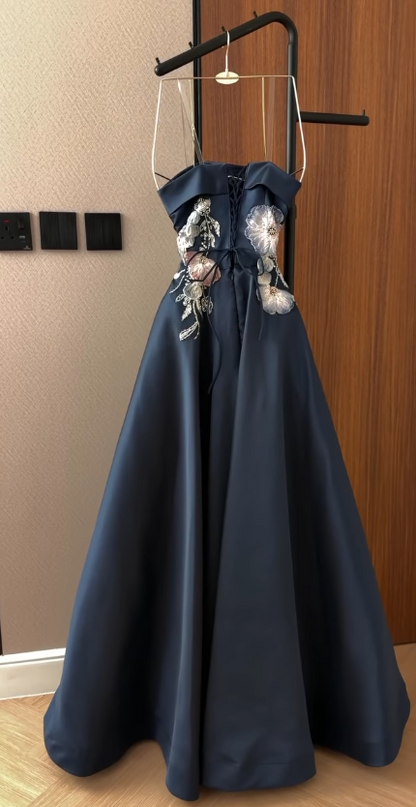 Gorgeoue A-Line Satin Beaded Long Evening Dress Navy Blue Prom Dress ED11919