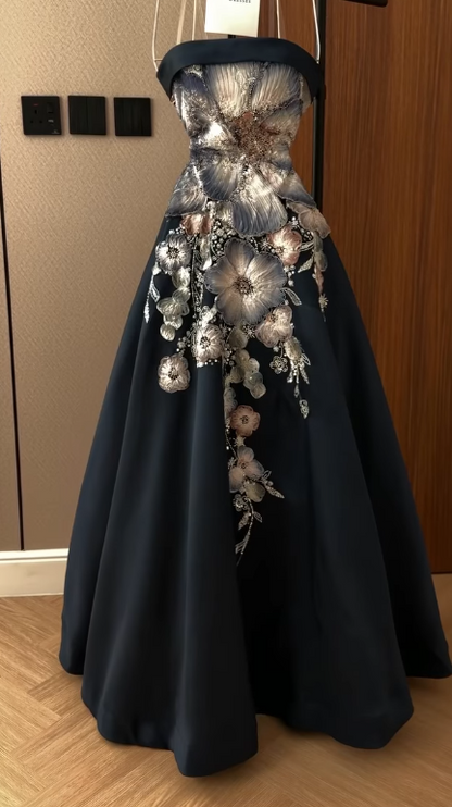 Gorgeoue A-Line Satin Beaded Long Evening Dress Navy Blue Prom Dress ED11919