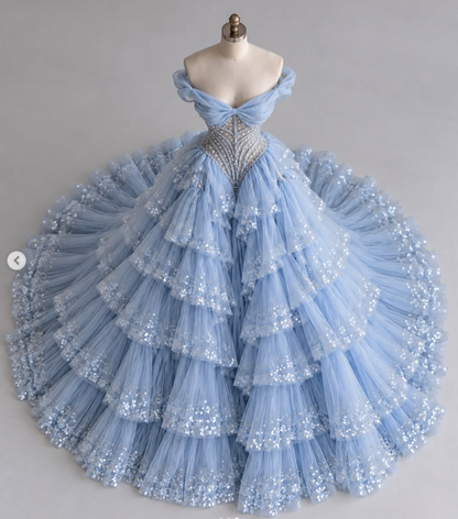 Gorgeoue A-Line Tulle Long Evening Dress Blue Prom Dress ED11920