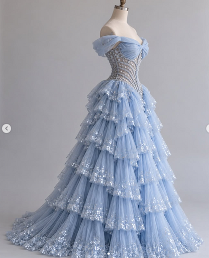 Gorgeoue A-Line Tulle Long Evening Dress Blue Prom Dress ED11920