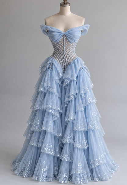 Gorgeoue A-Line Tulle Long Evening Dress Blue Prom Dress ED11920