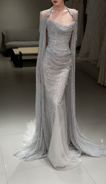 Gorgeous Sheath Tulle Sequins Long Evening Dress Silver Prom Dress ED11921