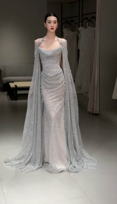 Gorgeous Sheath Tulle Sequins Long Evening Dress Silver Prom Dress ED11921