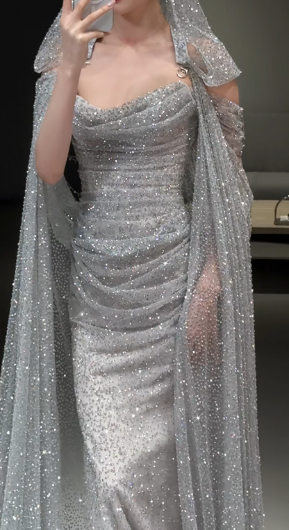 Gorgeous Sheath Tulle Sequins Long Evening Dress Silver Prom Dress ED11921