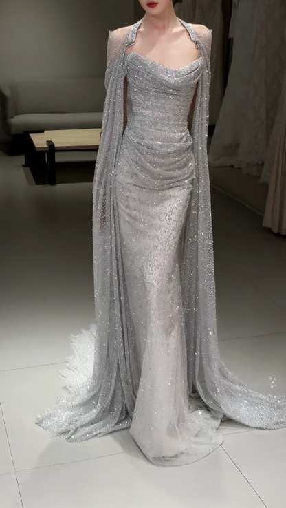 Gorgeous Sheath Tulle Sequins Long Evening Dress Silver Prom Dress ED11921