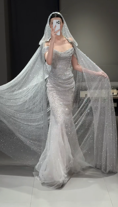 Gorgeous Sheath Tulle Sequins Long Evening Dress Silver Prom Dress ED11921