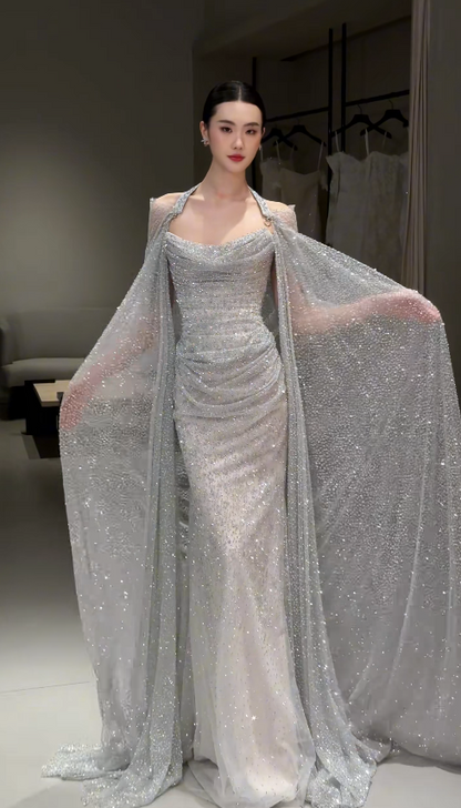Gorgeous Sheath Tulle Sequins Long Evening Dress Silver Prom Dress ED11921