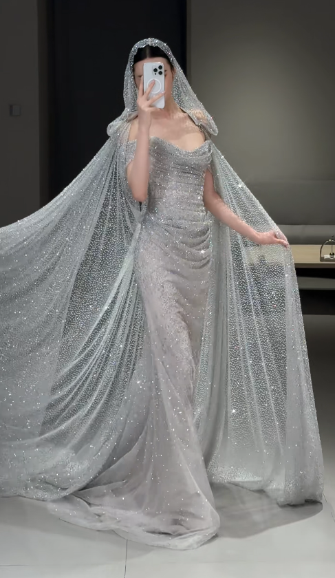 Gorgeous Sheath Tulle Sequins Long Evening Dress Silver Prom Dress ED11921