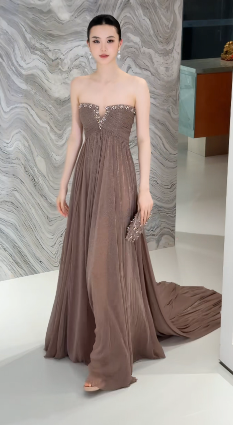 Pretty Sheath Chiffon Long Evening Dress Brown Prom Dress ED11923