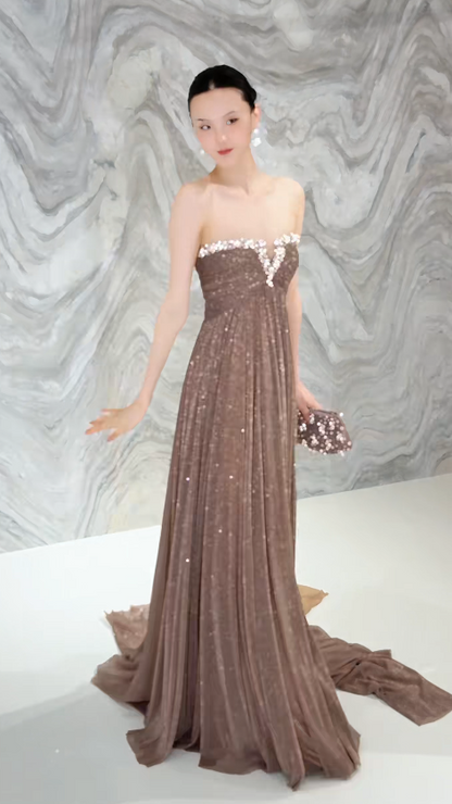 Pretty Sheath Chiffon Long Evening Dress Brown Prom Dress ED11923