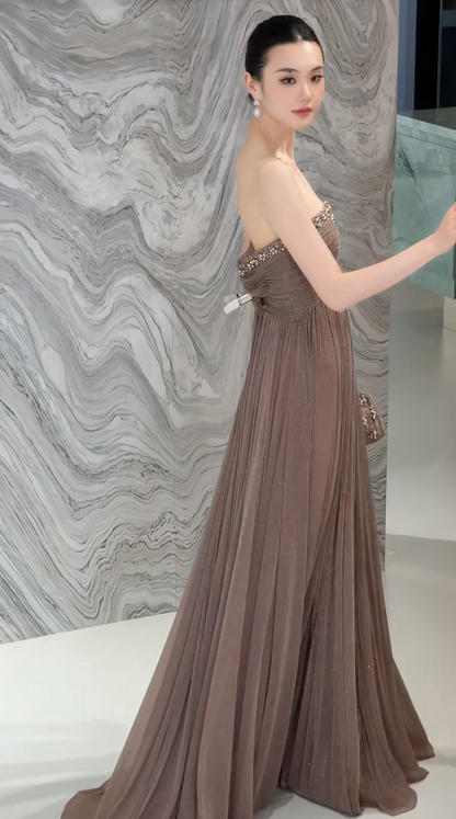 Pretty Sheath Chiffon Long Evening Dress Brown Prom Dress ED11923